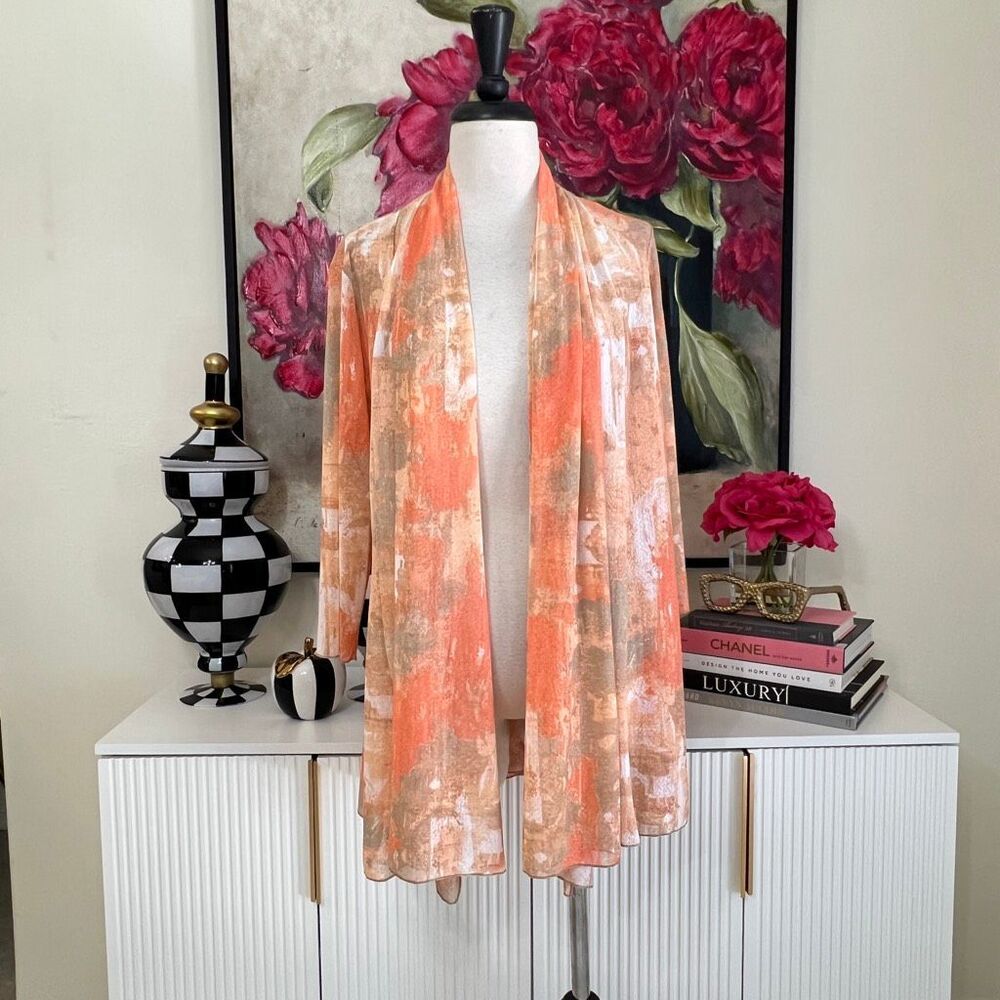 Multiples Women's Abstract Watercolor Open-Front Cardigan Orange Taupe Small